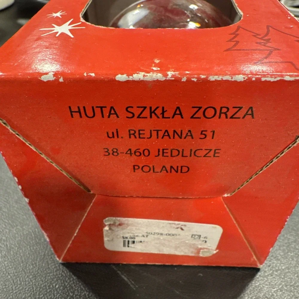 Zorza Hand Blown Glass Ornament Ball From Poland Maroon & White Colored